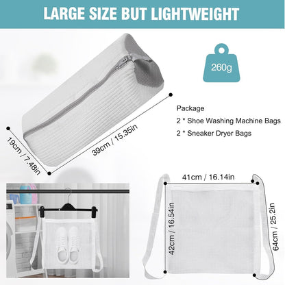Shoe Washing Machine Bag, Shoe Laundry Bag for Washer and Dryer | 2 Pack Shoe Cleaning Bag for Sneakers & Tennis Shoes, XXL Size, Shoe Protection, Dry Bags, Zipper Hook, Travel & Dorm Storage