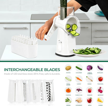 SUSTEAS Rotary Cheese Grater 5 Blades,Kitchen Mandoline Vegetable Slicer | White, Easy to Clean, Strong Suction Base, 5 Blades Storage Box, Round Mandoline Slicer & Food Chopper for Salad