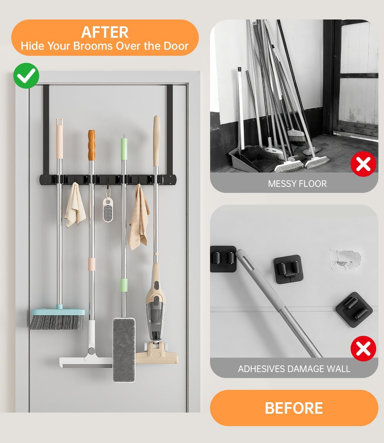 Broom Holder Over The Door with Hooks -304 Stainless Steel (Black) | Save Space, Anti-Rust & Sturdy, Mop and Broom Holder Wall Mounted or Hanging Over The Door, for Garage Laundry Kitchen