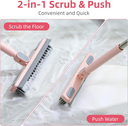 Floor Scrub Brush with Long Handle,Squeegee, Grout Brush | V-Shaped Stiff Bristles, For Tile Line, Bathroom, Crevice, Deck, Swimming Pool, Kitchen, Garage, Yard