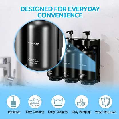 Shampoo and Conditioner Dispenser, Wall-Mounted 3-Bottle Set | 3 Refillable PET Bottles with Waterproof Labels, Adhesive and Screws for Bathrooms, Showers, Hotels, Vacation Rentals and RVs