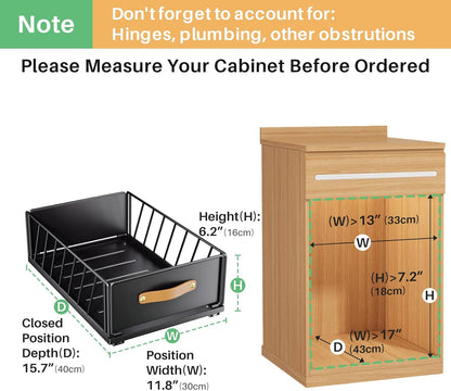 Pull out Cabinet Organizer,Heavy Duty Slide out Pantry Shelves Drawer Storage with Adhesive Nano Film,Sliding Mesh Cabinet Basket with Handle for Kitchen, Bathroom, Home, 11.8"W X 15.7"D X6.2"H,Black