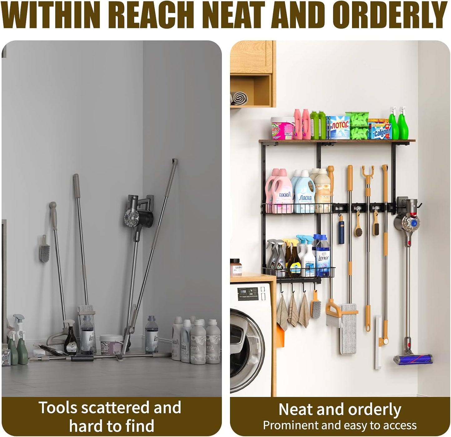 Broom Holder Wall Mount，With A Storage Basket Cleaning Tool Storage Rack | Multifunctional Broom And Mop Organizer Wall Hanger,Suitable Laundry Room 、Garage 、Kitchen Wall-mounted Storage Rack （Black）