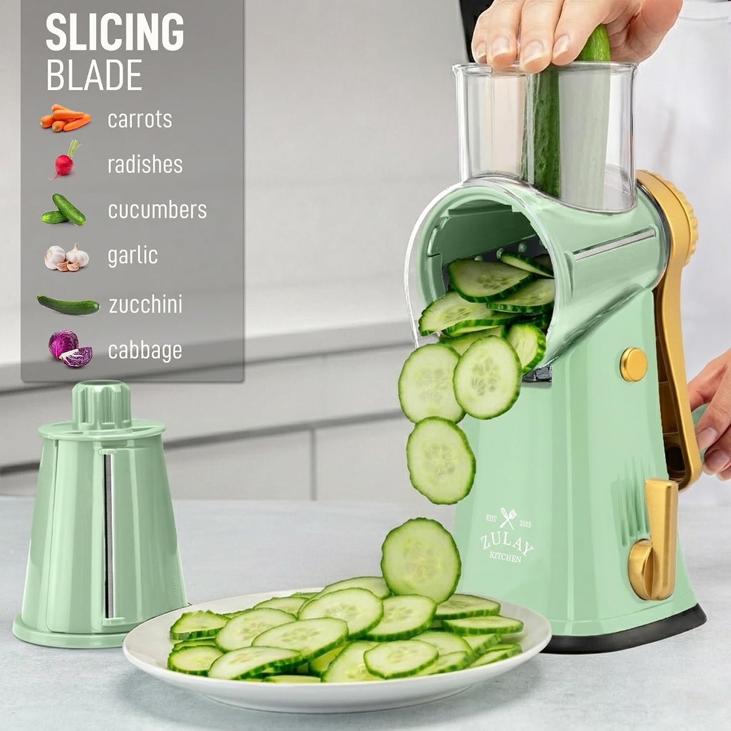 Zulay Kitchen Rotary Cheese Grater 5 Blade Cheese Shredder - Manual Hand Crank Cheese Grater With Reinforced Suction & 5 Interchangeable Drums - Easy to Use, Vegetable Chopper Round Mandoline Slicer - Colors B