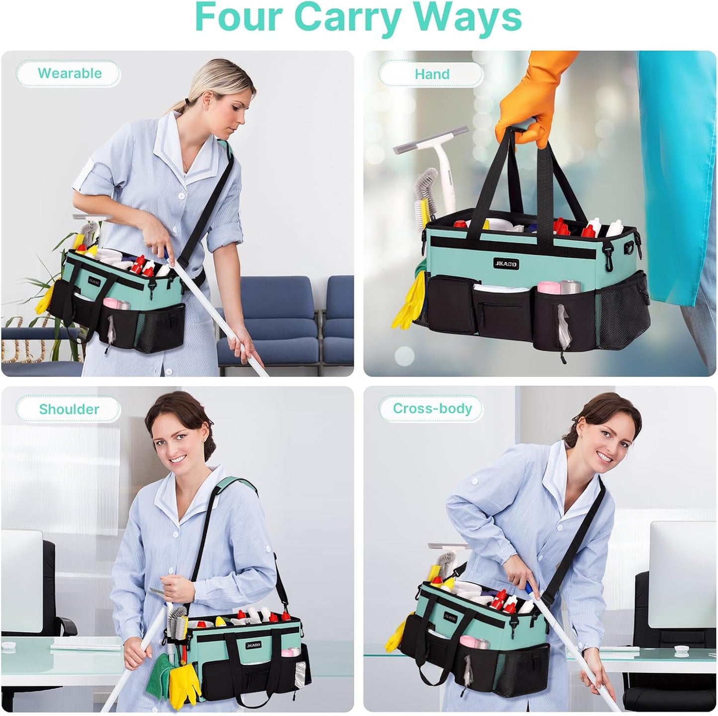 JKAOO Large Wearable Cleaning Caddy Bag with Handles, Denim Blue | Adjustable Shoulder & Waist Straps, Removable, Waterproof Tote for Cleaning Supplies, Home, Car, Office