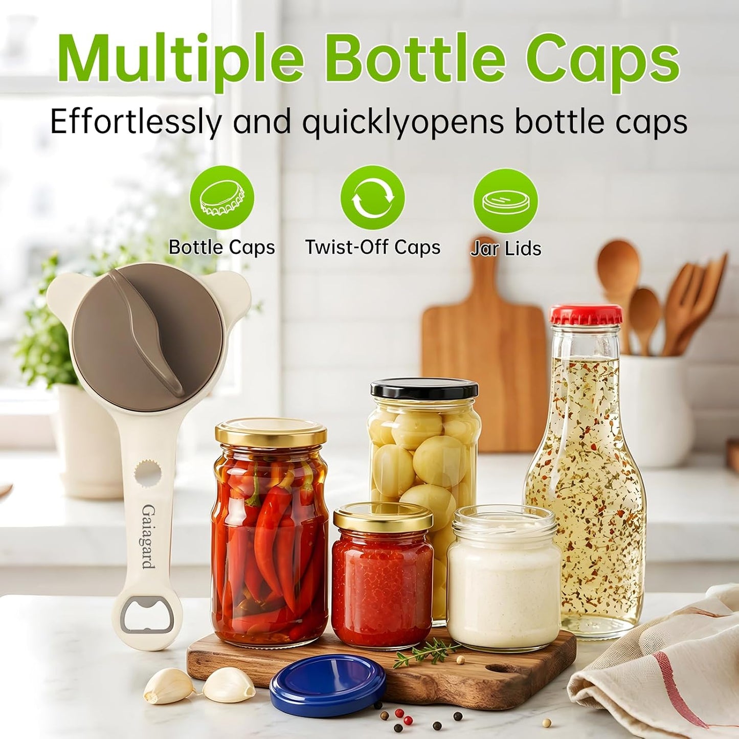 4-in-1 Jar Opener for Seniors & Arthritis Sufferers - Adjustable Stainless Steel Lid Remover with Non-Slip Grip, Ergonomic Kitchen Tool for Weak Hands, Fits Bottles, Jars & Cans