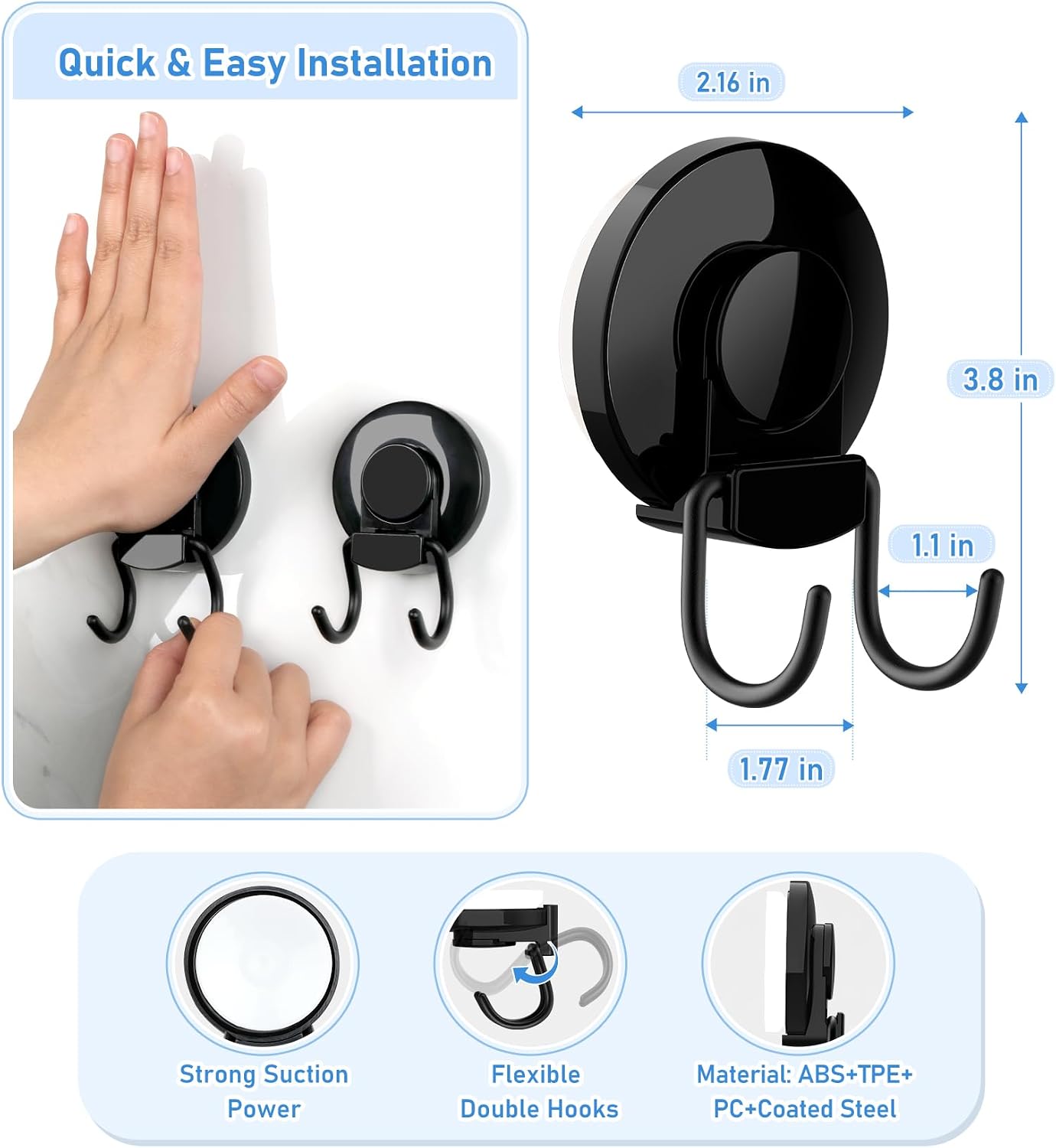 VIS'V Shower Suction Cup Hooks, Removable and Reusable, Black, 2 Pcs | Double Hooks Design, Heavy Duty, Strong Vacuum Suction, Fits for Smooth Flat Surfaces