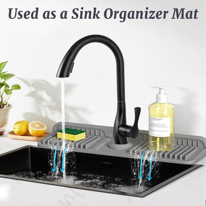 PoYang 24 Inch Faucet Mat for Kitchen Sink Splash Guard, Silicone, Black | Sink Protectors with 7° Slope for Smooth Drainage, Snap Button Holds It in Place, 90° Foldable & Cuttable Hole Fit Most Sinks