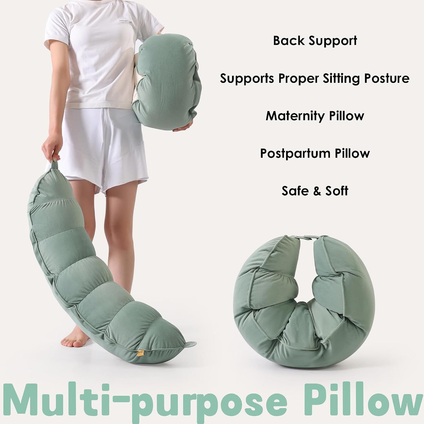 Peallow(Pat. Pend) – Long Round Body Pillow for Adults, Bolster Pillow for Sleeping, Soft and Supportive Pillow for Sleeping & Lumbar Support (Green-White, 29.5")