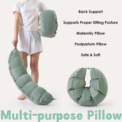 Peallow(Pat. Pend) – Long Round Body Pillow for Adults, Bolster Pillow for Sleeping, Soft and Supportive Pillow for Sleeping & Lumbar Support (Green-White, 29.5")