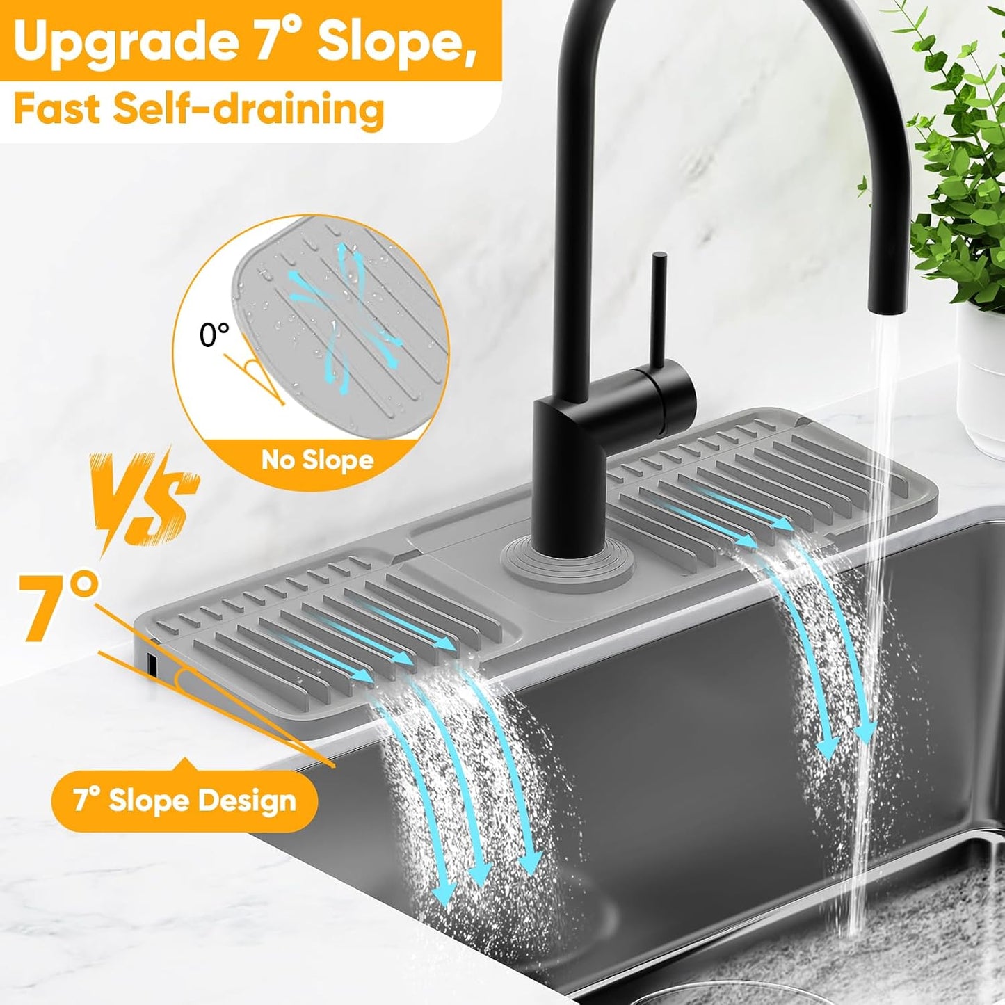 24'' Longer Faucet Mat for Kitchen Sink Splash Guard[7° Slope Fast Self-draining][Snap Lock Fit]Kitchen Sink Faucet Mat Splash Guard Kitchen Sink Area Water Splash Guard Behind Faucet Draining Mat