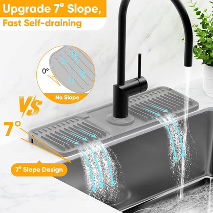 24'' Longer Faucet Mat for Kitchen Sink Splash Guard[7° Slope Fast Self-draining][Snap Lock Fit]Kitchen Sink Faucet Mat Splash Guard Kitchen Sink Area Water Splash Guard Behind Faucet Draining Mat