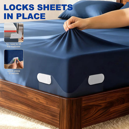 B-Land Bed Sheet Holders for Corners:4 Pack Non-Stretch External Clips- Fitted Sheet Grippers for Deep Pockets- No-Lift for Dorm & RV Beds, Keep Sheets Tight on Memory Foam & Twin-King (White+Grey)