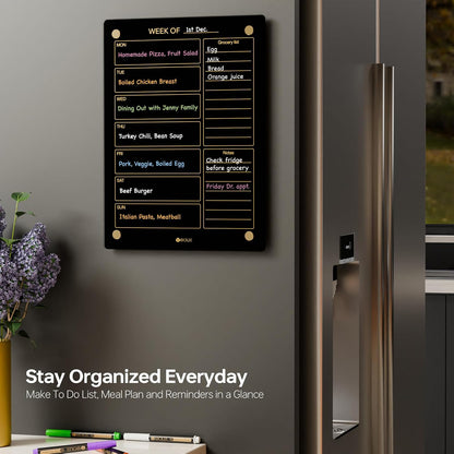 Yeoux Clear Glass Golden Weekly & Menu Dry Erase Calendar Board 15“x11 | Wall Mount, Non-Magnetic, Meal Planning & Grocery Shopping List Whiteboard for Kitchen & Home, 4 Markers