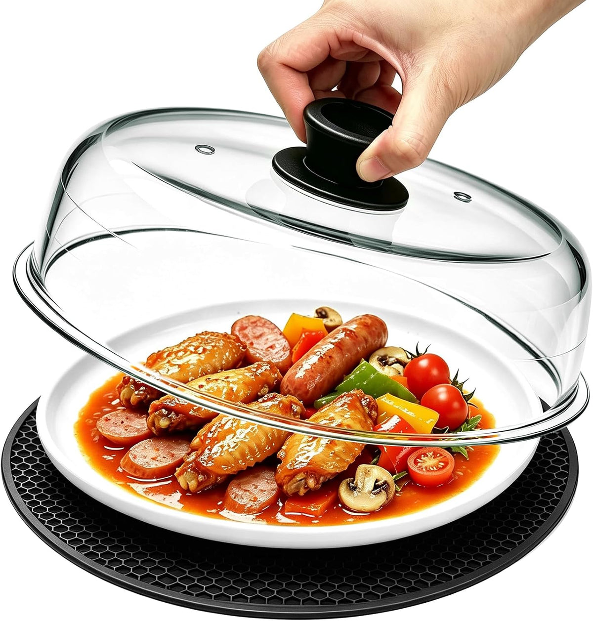 Glass Microwave Splatter Cover with Mat for Food, 10 Inch Guard Lid