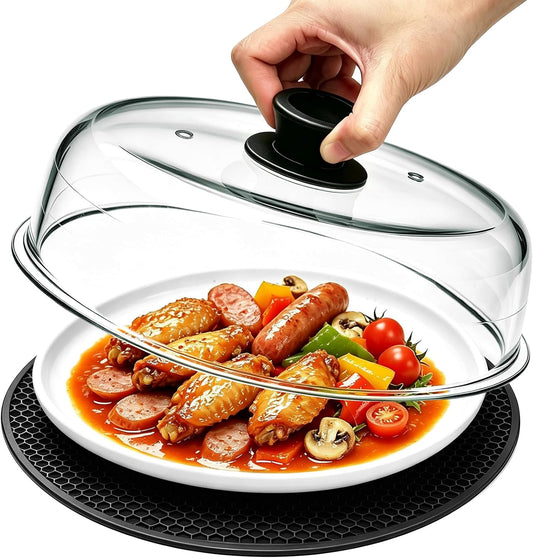 Glass Microwave Splatter Cover with Mat for Food, 10 Inch Guard Lid