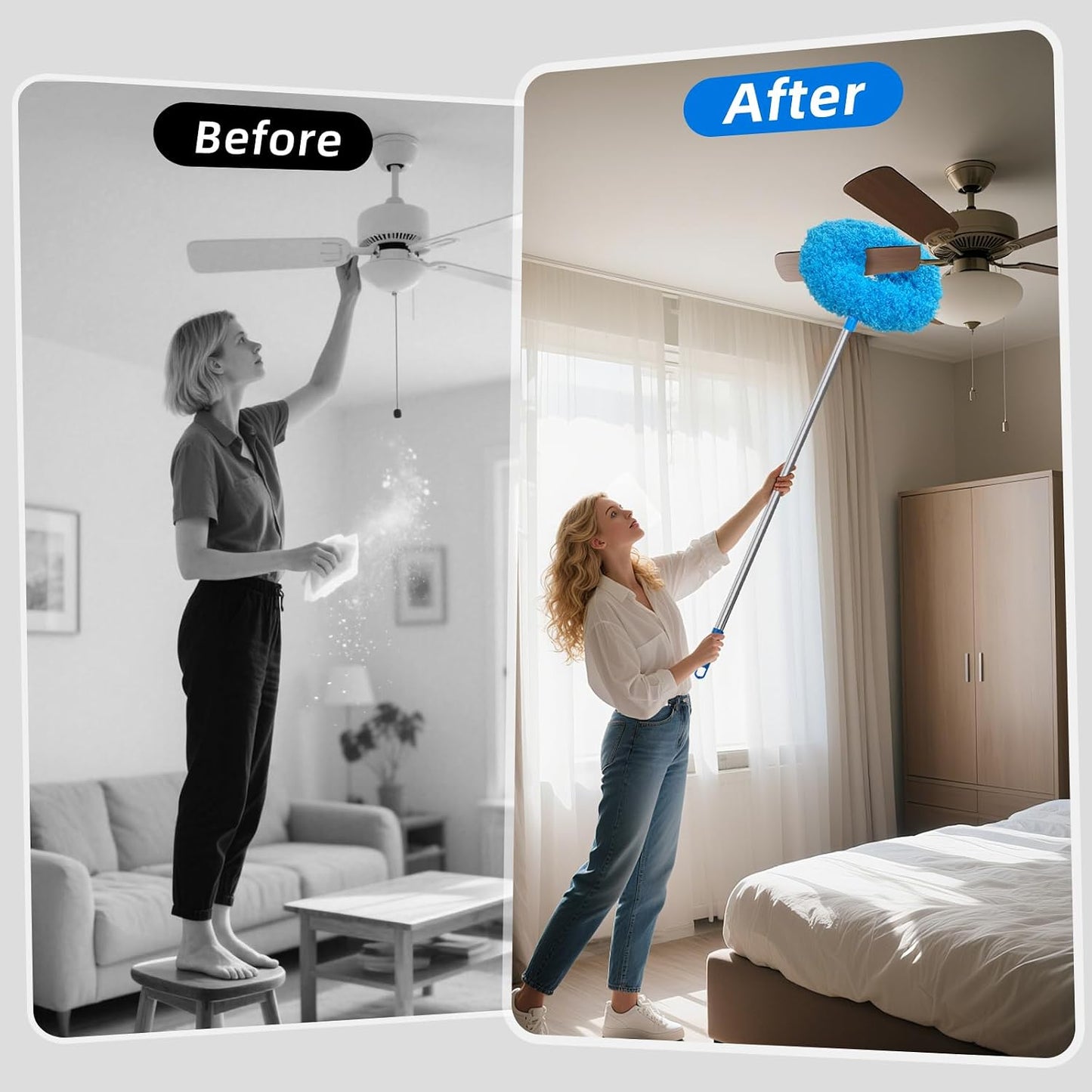 DRQ Ceiling Fan Cleaner Duster with 13-48 in Extension Pole, Blue | Detachable, Washable Microfiber Brush Head Is Reusable for Ceiling Fan Blades, Walls, Bookshelves, Door Tops and Window Tops