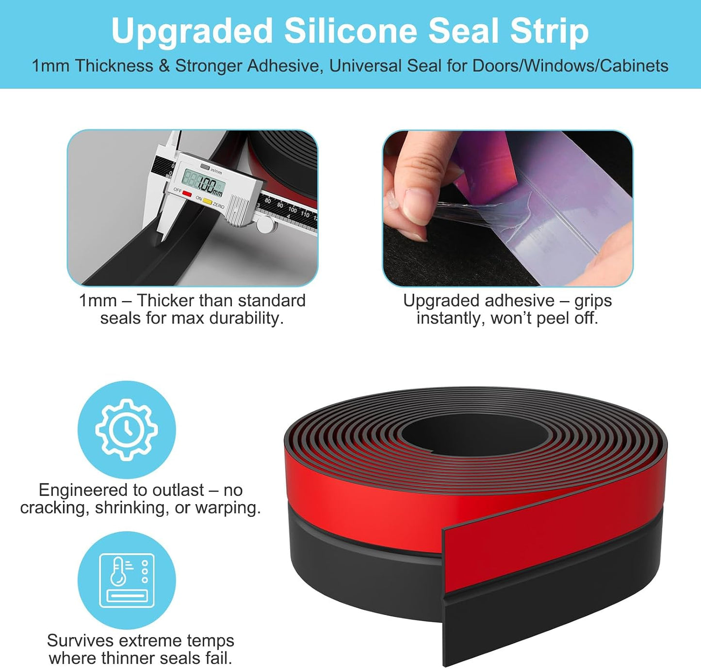 Elvone Weather Stripping Door Seal for Door Frames, 20 Ft x 1 in, Clear | Self-adhesive flexible silicone seal tape for door frame gaps and window gaps. block drafts, dust, and noise