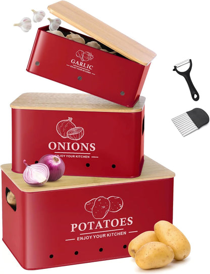 Kitchen Vegetable Storage Set of 3, Metal Onion Garlic Potato Storage Set, Kitchen Canisters Vegetable Keeper Containers with Aerating Holes and Bamboo Lid,Black