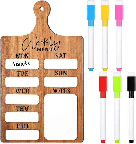 Honeydak Menu Chalkboard for Kitchen Weekly Meal Planner Wood, 6 Pens | Dry Erase Menu Board with 7 Day Layout, 6 Markers Included, Farmhouse Wood Design for Family Kitchen Food Organization