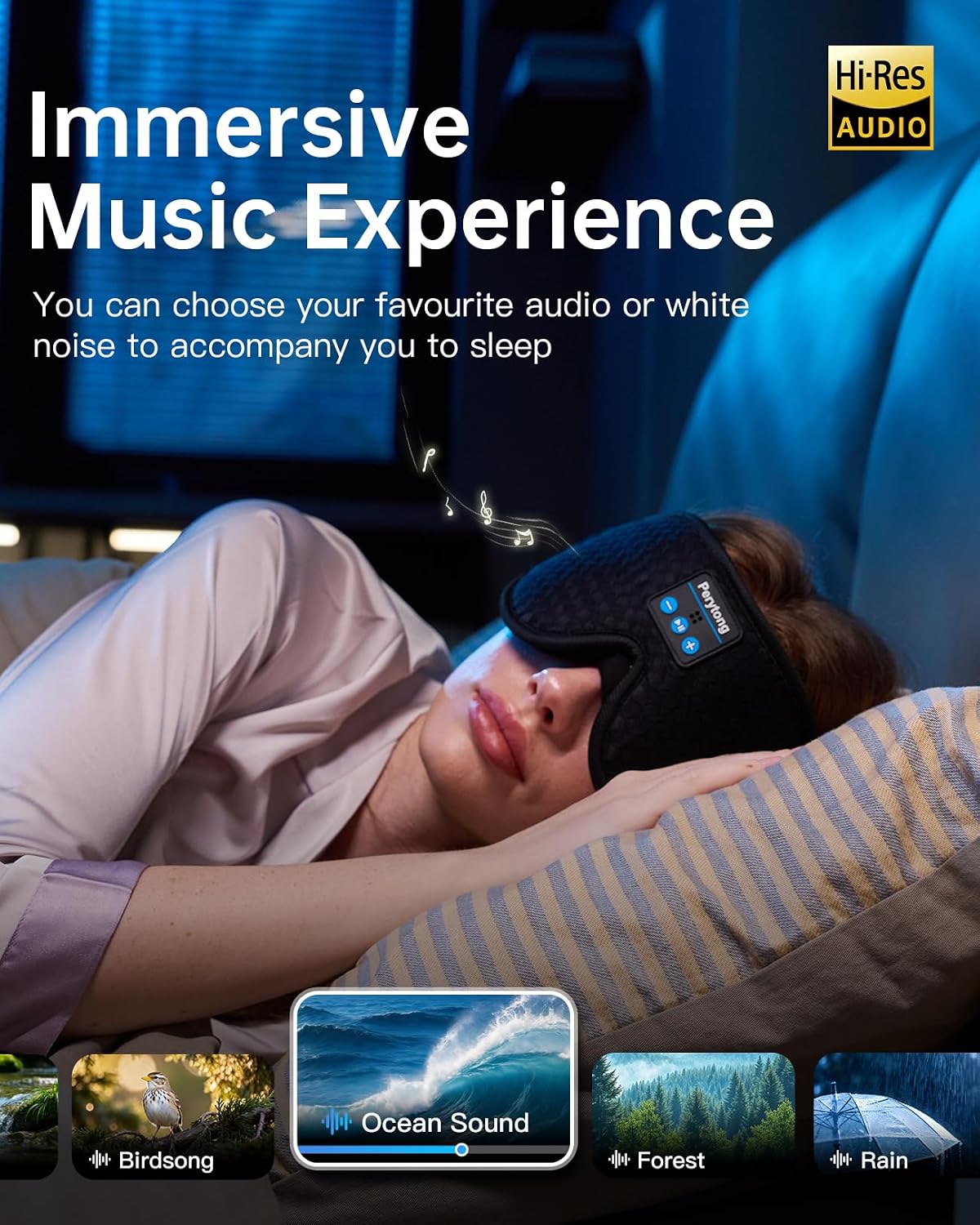 Perytong Sleep Mask with Bluetooth 5.4 Headphones, Wireless Music Sleep Eye Mask for Side Sleepers, 3D Contoured Comfort & Built-in HD Stereo Earphones, Blackout for Travel (Peach Pink)