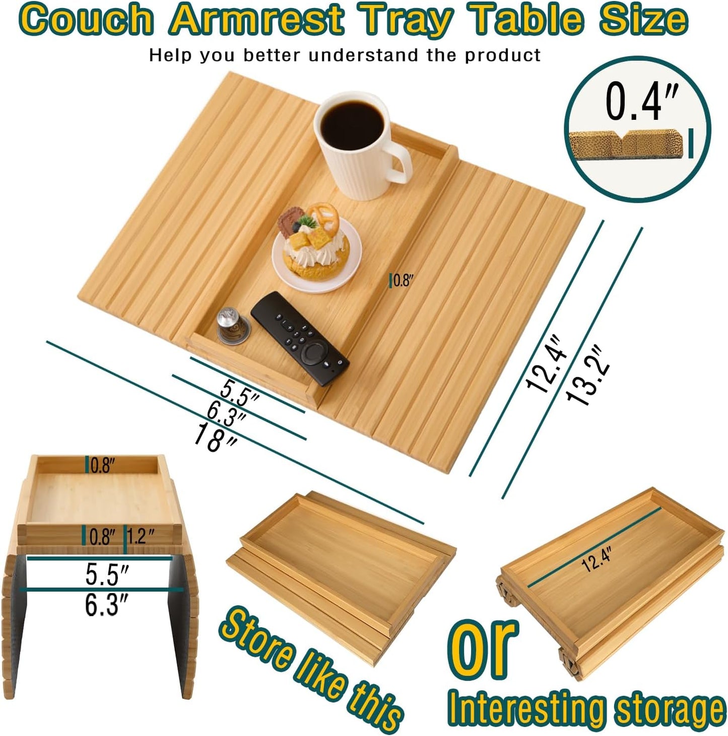 Bamboo Couch Arm Tray Table，Foldable Sofa Armrest Tray Table for Couch，Flexible and Anti-Slip Couch Arm Cup Holder，Portable Sofa Arm Chair Table for Drink,Cups, Eats，Snacks, Phone, Remote