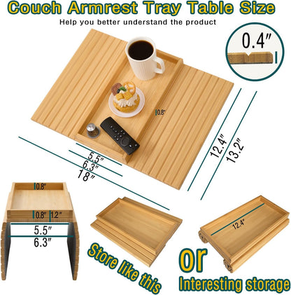 Bamboo Couch Arm Tray Table，Foldable Sofa Armrest Tray Table for Couch，Flexible and Anti-Slip Couch Arm Cup Holder，Portable Sofa Arm Chair Table for Drink,Cups, Eats，Snacks, Phone, Remote