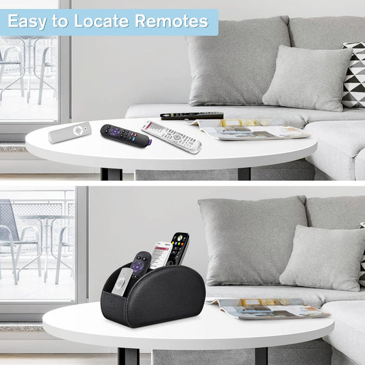 FINTIE Remote Control Holder with 6 Compartments Vegan Leather | TV Remoter Caddy Desktop Makeup Brush Holder Storage, Fits TV Remotes, Media Controllers, Office Supplies, Black