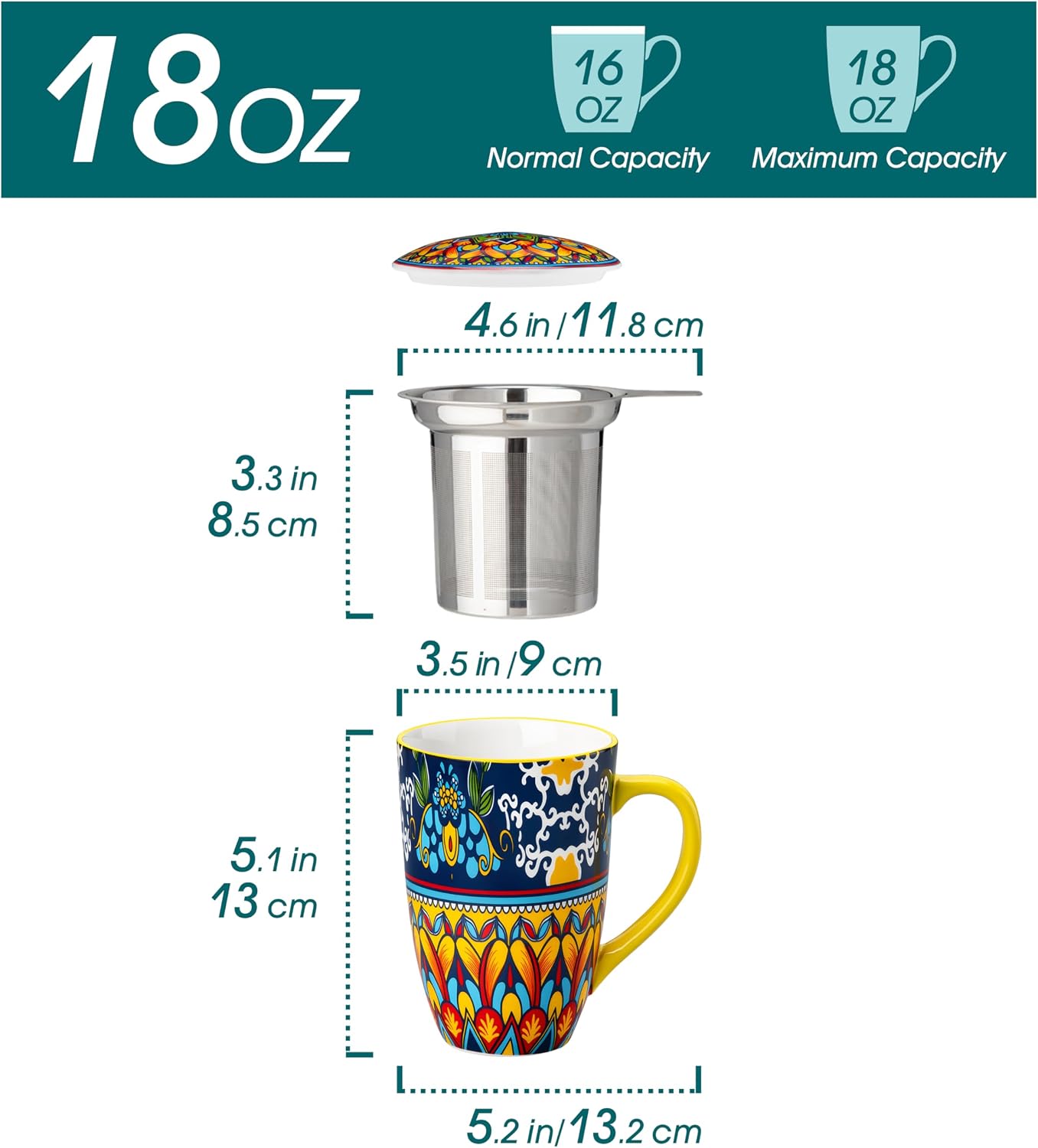 vancasso 18 Oz Tea Infuser Mug with Lid, Mint Petal Whirl | Eye catching Bohemian pattern, adds charm to any tea corner, ceramic mug with infuser, microwave and dishwasher safe