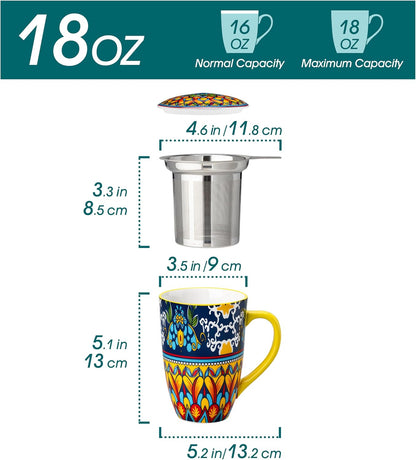 vancasso 18 Oz Tea Infuser Mug with Lid, Mint Petal Whirl | Eye catching Bohemian pattern, adds charm to any tea corner, ceramic mug with infuser, microwave and dishwasher safe