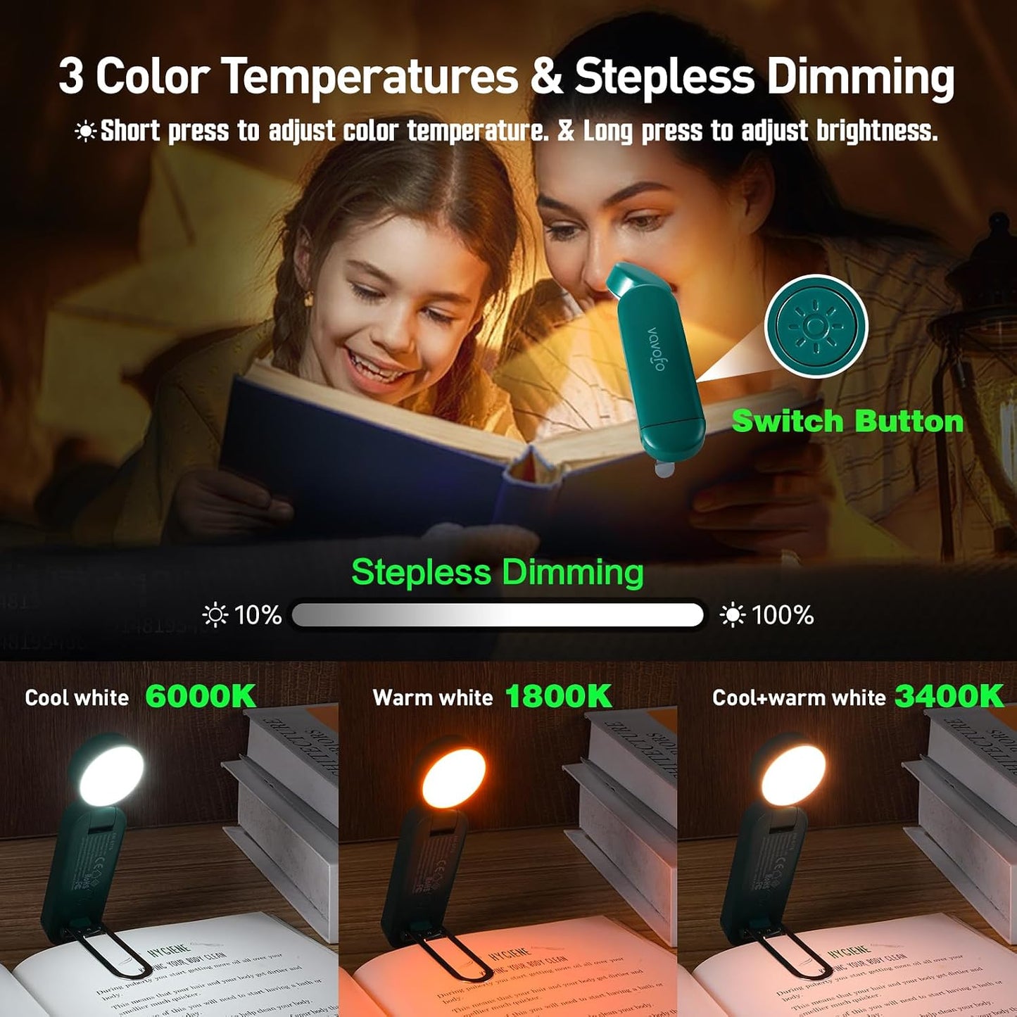 VAVOFO USB Rechargeable Bookmark Reading Light, Blue Light Blocking Amber LEDs for Bedtime Reading - Clip On, 9 Lighting Modes