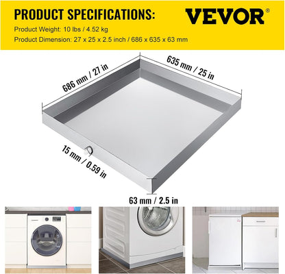 VEVOR 32 x 30 x 2.5 Inch Washing Machine Pan 18 GA Thickness 304 Stainless Steel Heavy Duty Compact Washer Drip Tray with Drain Hole & Hose Adapter