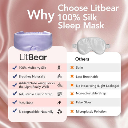 LitBear Silk Sleep Mask for Side Sleeper, Travel, Airplane, Jet Black