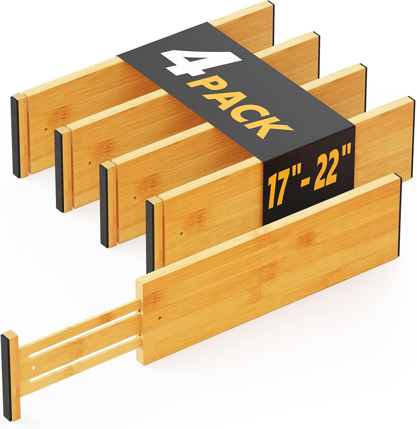 SpaceAid Bamboo 4 Pack Dresser Drawer Dividers, 4.65“ High Adjustable 12.5“-17” Drawer Organizers, Expandable Organization for Clothing, Clothes, Dressers, Black