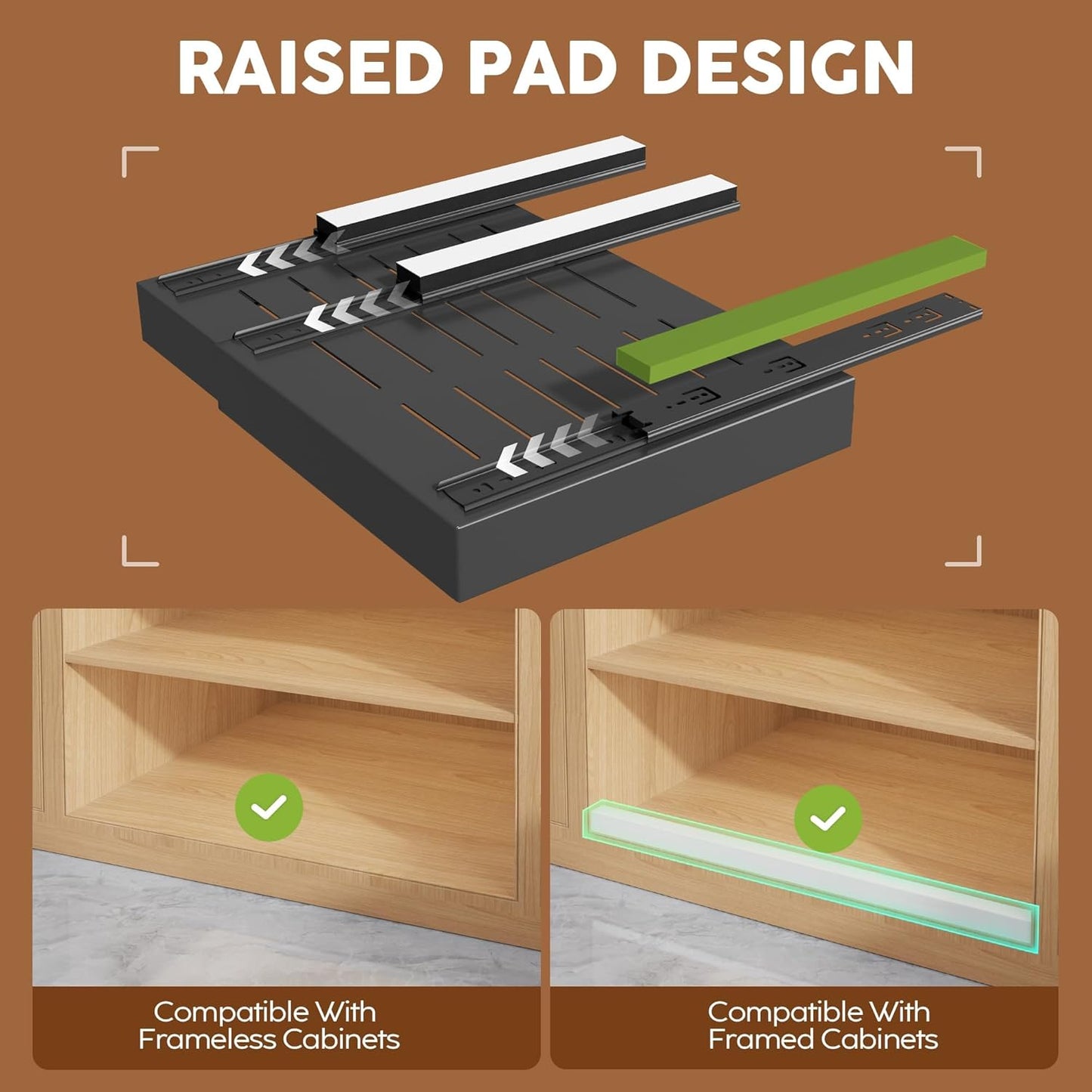 Seinloes 2Pack Expandable Pull Out Cabinet Organizer 21"Deep With Raising Pad for Framed Cabinets, Upgrade 3 Slide Rails Slide Out Drawers, Roll Out Shelves Adhesive,Adjustable Width 12.05"-20.4"White