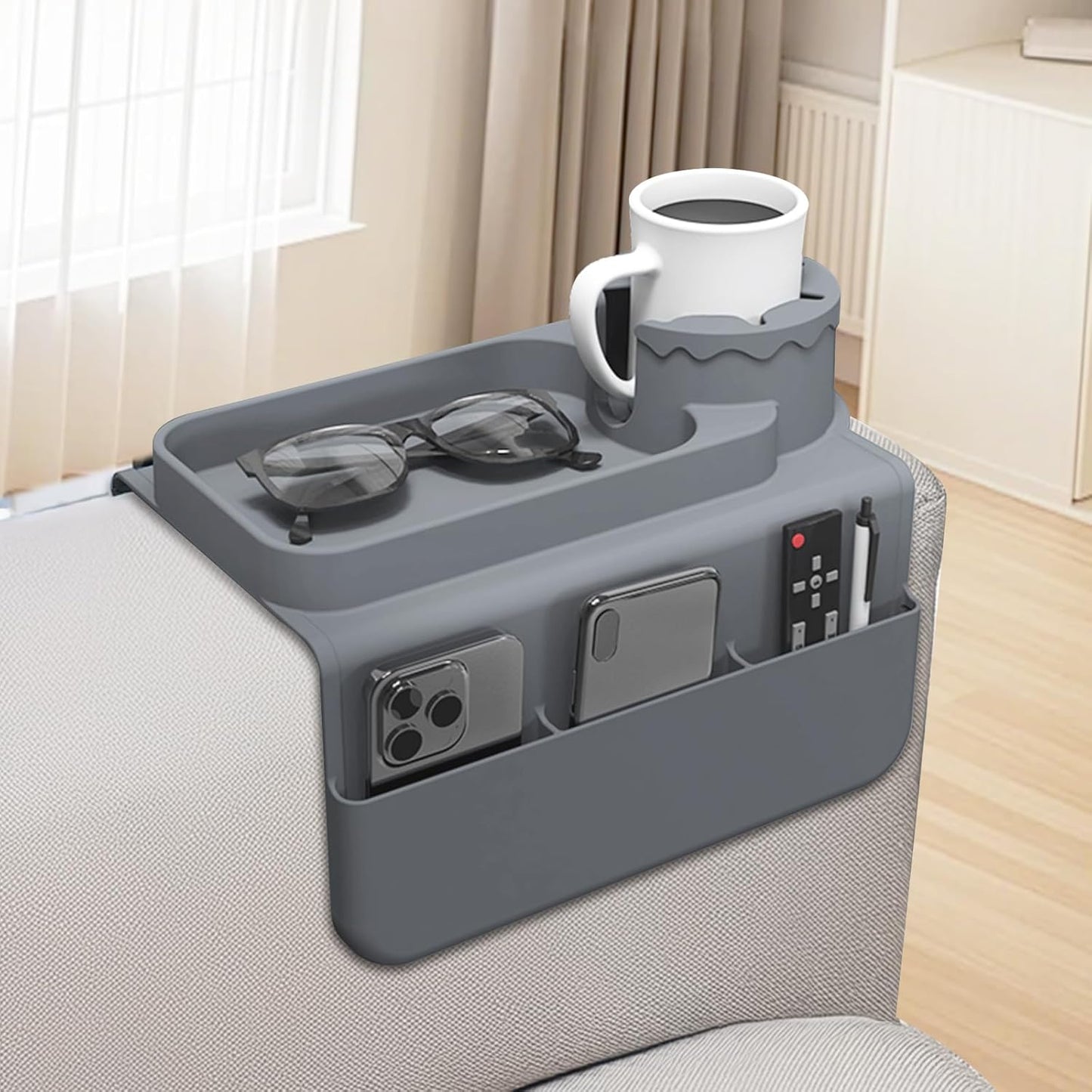 Couch Cup Holder Tray, Silicone Sofa Armrest organizer with Side Pockets for Storage Remotes, Cell-phone,Tablet or Snack, Anti-Spill and Anti-Slip Sofa Arm Tray for Recliner, Armchair Caddy (Blue)