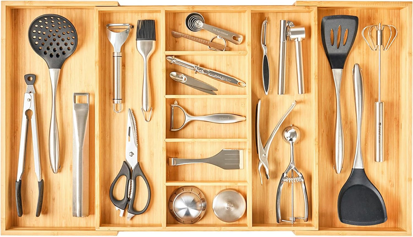 Large Expandable Kitchen Silverware Utensils Drawer Organizer, 2.5" Extra High Adjustable Drawer Divider with Curved Grooves, Bamboo Wood Cutlery Tray Flatware Holder
