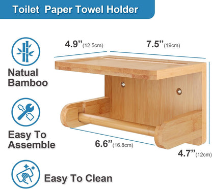 VERTORGAN 1 Pack Bamboo Toilet Paper Holder with Phone Shelf(Brown) | Bathroom Tissue Holder,Wall Mounted Rack,Space-Saving Organizer,Phone Shelf Stand,Easy Installation,Toilet Paper Rack