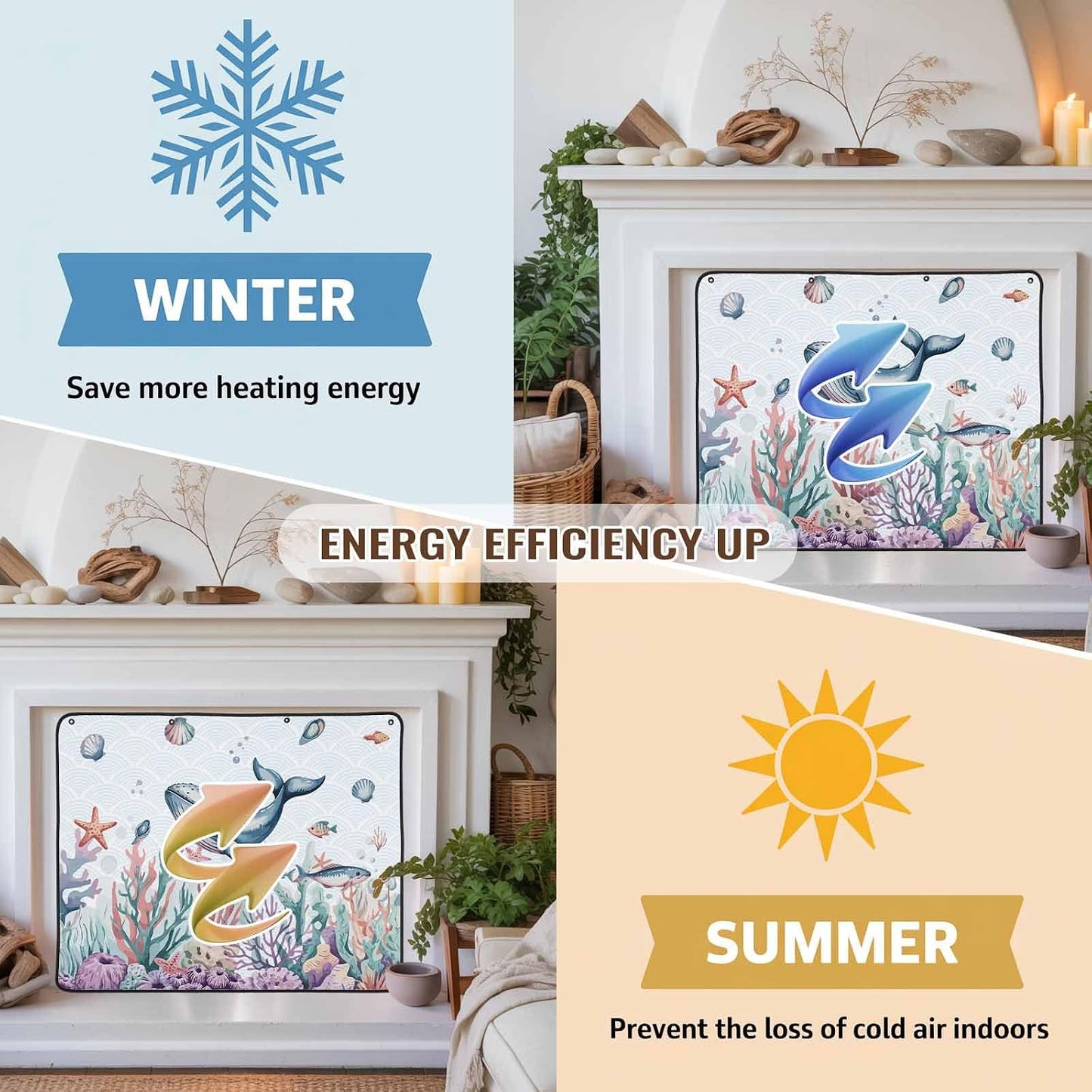 Magnetic Fireplace Cover Turtle Coral Starfish Fireplace Screen Decorative Shell Ocean Marine Life Insulation Fireplace Blocker Save Energy Fireplace Draft Stopper Covers for Living Room 39x32 Inch