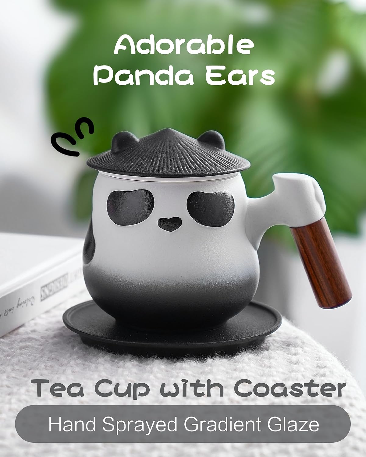 ZENS Tea Infuser Mug with Lid for Loose Leaf Tea Steeper, 11oz Panda | Embossed Ceramic Tea Infuser Mug with Fine Strainer for Herbal Tea Lovers Gifts, Nature Wood Handle