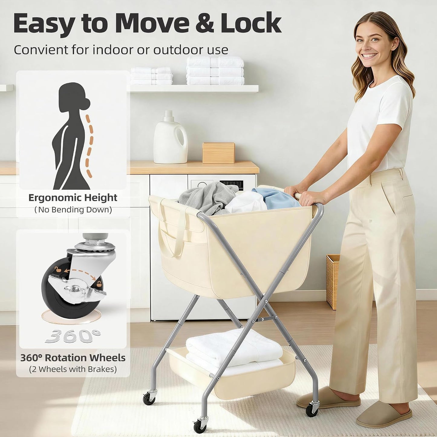 STORAGE MANIAC Collapsible Laundry Cart with Wheels 35.6"H Removable Canvas Bag Rolling Laundry Hamper Clothes Basket with Wheels, Sturdy Steel Frame Folding for Small Narrow Space Easy Storage, Beige