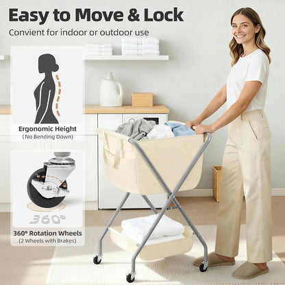 STORAGE MANIAC Collapsible Laundry Cart with Wheels 35.6"H Removable Canvas Bag Rolling Laundry Hamper Clothes Basket with Wheels, Sturdy Steel Frame Folding for Small Narrow Space Easy Storage, Beige