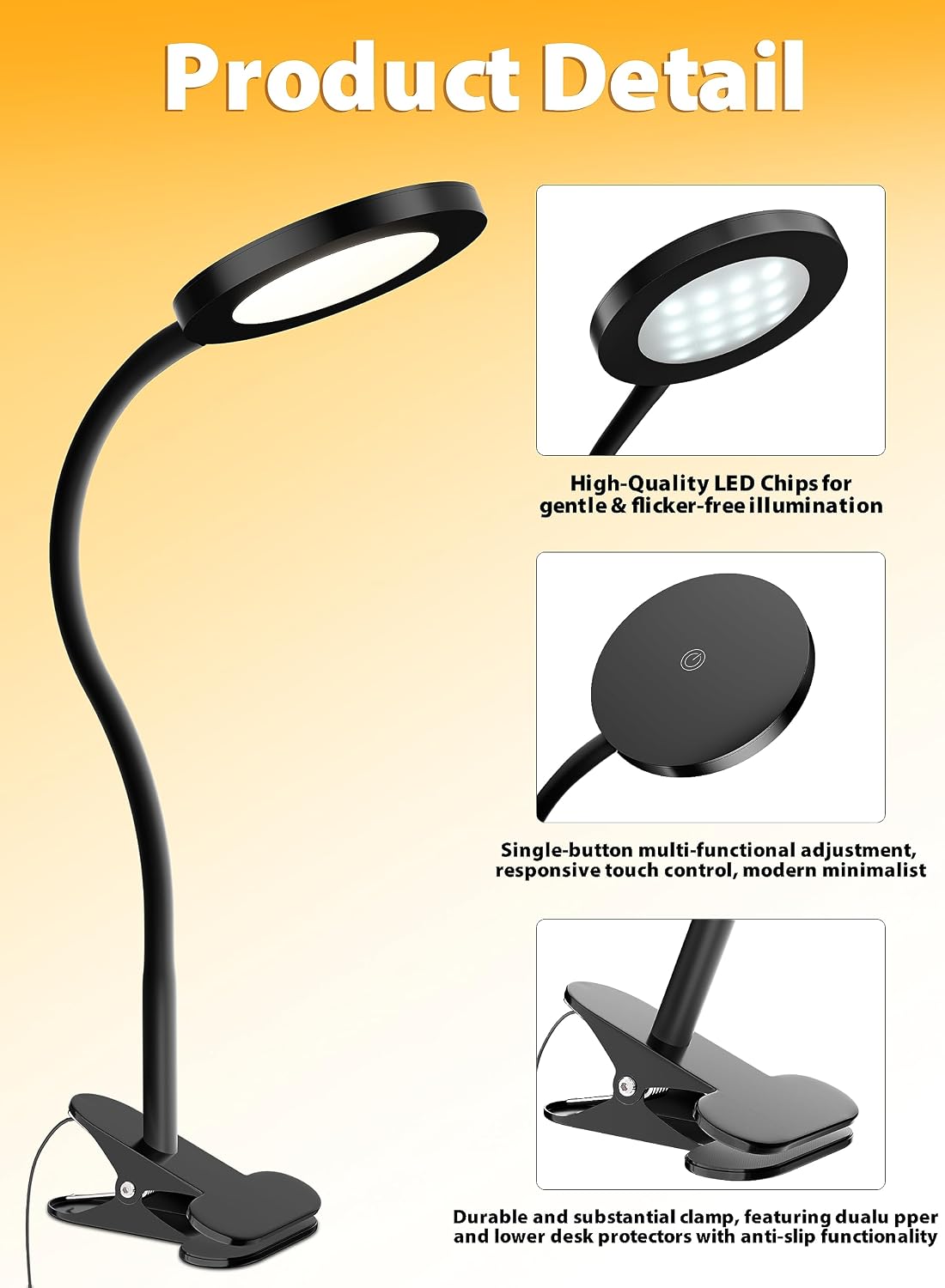 White Clip On Reading Light, 450LM Book Light, CRI95, 3 Modes Stepless Dim | CRI95 eye-caring LED provides natural lighting for reading, studying, and bedside use with adjustable brightness and modes