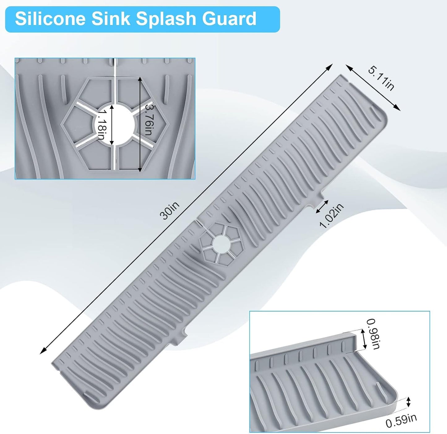 Derlights 33 inch Sink Splash Guard Mat, Silicone Faucet Handle Drip Catcher Tray, Longer Silicone Sink Mat for KitchenBathroom, Drip Protector Splash Countertop (Gray)