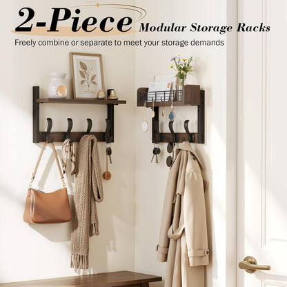 Delamu 29" Large Coat Rack Wall Mount with Shelf, 4 in 1 Shelf with 11 Hooks, Wooden Key and Mail Holder for Wall for Entryway, Living Room and Bedroom, Brown