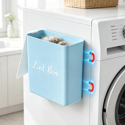 Magnetic Lint Bin with Lid for Laundry Room, Compact Plastic Dryer Lint Holder, Small Laundry Trash Container for Dryer Lint & Used Dryer Sheets, Space Saving Storage Decor Organizer (Black)
