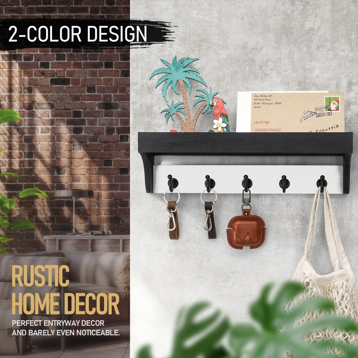Rebee Vision Key Holder Wall Mount with 5 Hooks for Entryway, Retro Brown | Display Shelf for Plant & Letters, Key Shelf for Hats, Dog Leashes, Mail Organizer, Decorative Entryway & Living Room