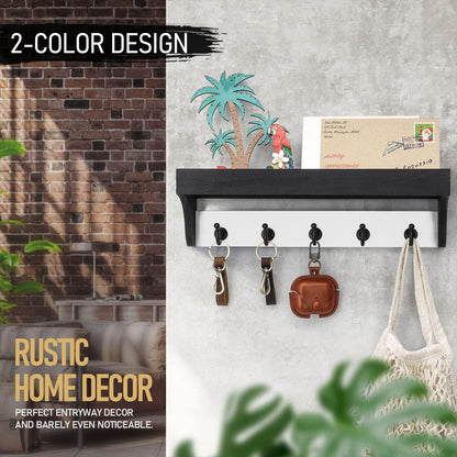 Rebee Vision Key Holder Wall Mount with 5 Hooks for Entryway, Retro Brown | Display Shelf for Plant & Letters, Key Shelf for Hats, Dog Leashes, Mail Organizer, Decorative Entryway & Living Room