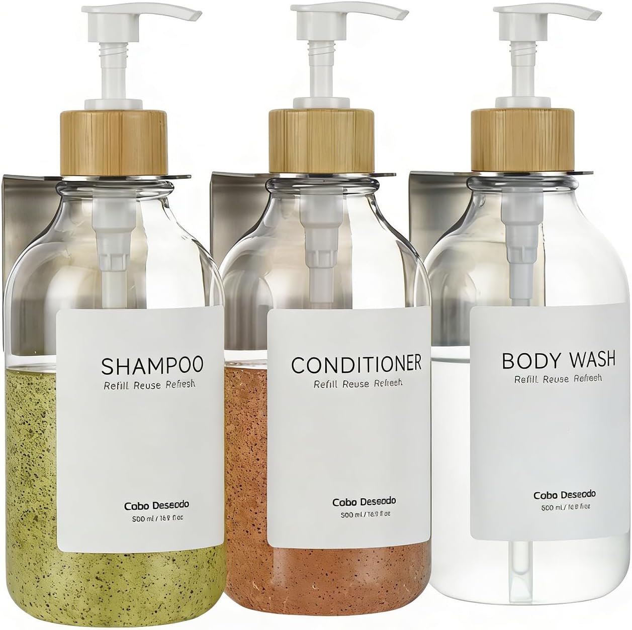 Shampoo and Conditioner Dispenser - Shower Soap Dispenser 3 Chamber No Drill - Bathroom Soap Dispenser Wall Mount Adhesive - Clear PET Bottles with Nature Bamboo Pumps Set Refillable 1500ml