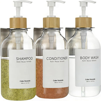 Shampoo and Conditioner Dispenser - Shower Soap Dispenser 3 Chamber No Drill - Bathroom Soap Dispenser Wall Mount Adhesive - Clear PET Bottles with Nature Bamboo Pumps Set Refillable 1500ml